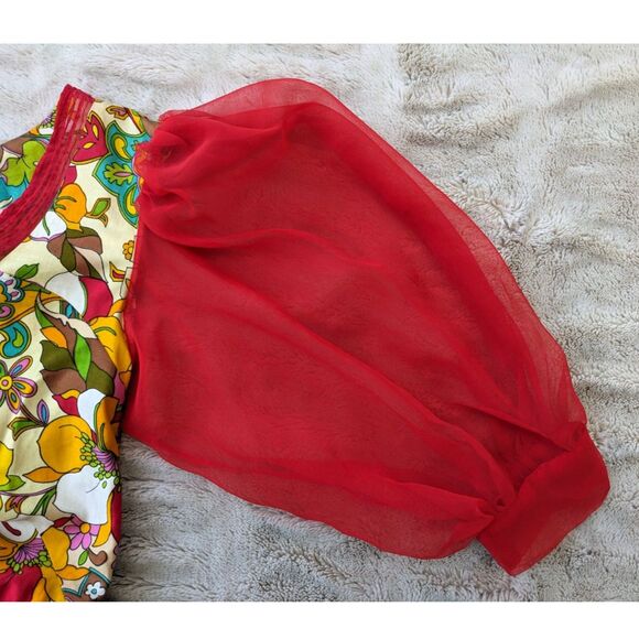 Vintage "Flower Power" 60s/70s Chiffon Sleeve Blouson Midi Dress, Size 8/10 - Picture 5 of 12